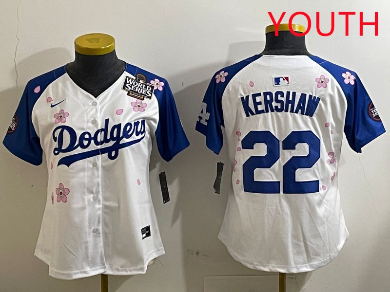 Youth Los Angeles Dodgers #22 Kershaw White Blue Sakura Edition 2025 Nike MLB Jersey style 6